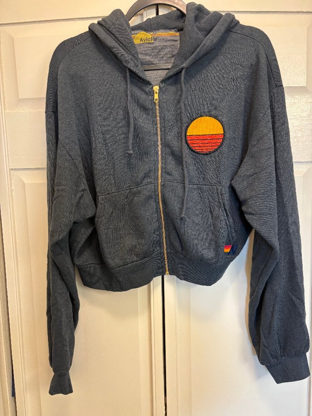 Aviator Nation Sunset Patch Cropped Zip Hoodie, Relaxed Fit, Charcoal, Size M, N